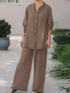 Best Women's Basic Shirt Two Piece Sets Pants Sets Wide Leg Pants Trousers Long Sleeve Shirt Collar Plain Daily Wear Casual Daily Navy Blue Orange Brown Spring & Summer Regular Fit Women Sets