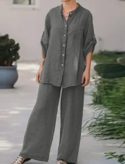Best Women's Basic Shirt Two Piece Sets Pants Sets Wide Leg Pants Trousers Long Sleeve Shirt Collar Plain Daily Wear Casual Daily Navy Blue Orange Brown Spring & Summer Regular Fit Women Sets