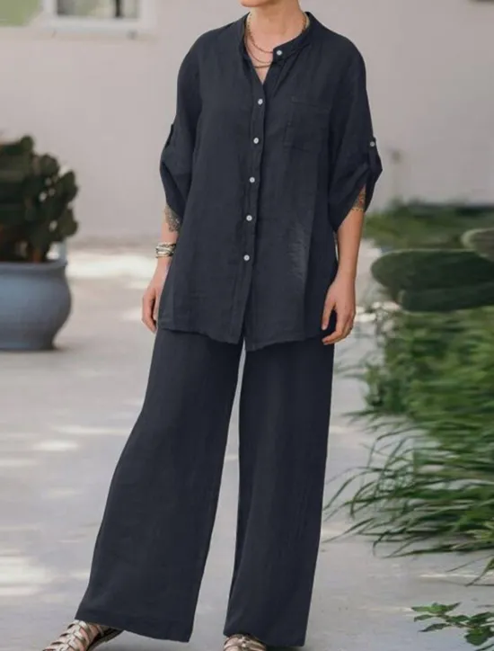 Best Women's Basic Shirt Two Piece Sets Pants Sets Wide Leg Pants Trousers Long Sleeve Shirt Collar Plain Daily Wear Casual Daily Navy Blue Orange Brown Spring & Summer Regular Fit Women Sets