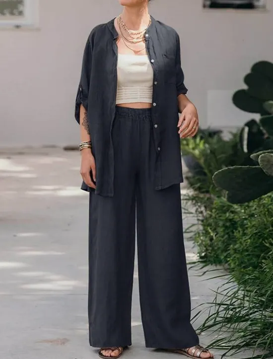 Best Women's Basic Shirt Two Piece Sets Pants Sets Wide Leg Pants Trousers Long Sleeve Shirt Collar Plain Daily Wear Casual Daily Navy Blue Orange Brown Spring & Summer Regular Fit Women Sets