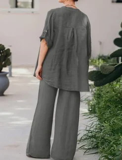 Best Women's Basic Shirt Two Piece Sets Pants Sets Wide Leg Pants Trousers Long Sleeve Shirt Collar Plain Daily Wear Casual Daily Navy Blue Orange Brown Spring & Summer Regular Fit Women Sets