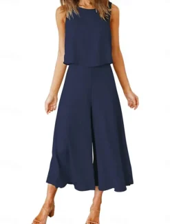 Sale Women's Basic Tank Top Wide Leg Pants Sleeveless Crew Neck Plain Casual Weekend Black Pink Navy Blue Summer Regular Fit Women Two Piece Sets