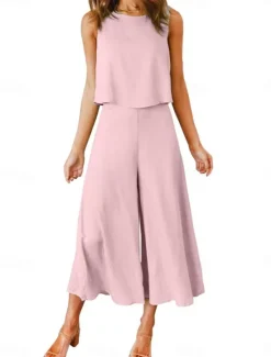 Sale Women's Basic Tank Top Wide Leg Pants Sleeveless Crew Neck Plain Casual Weekend Black Pink Navy Blue Summer Regular Fit Women Two Piece Sets
