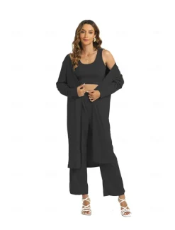 Best Women's Basic Three Piece Sets Long Sleeve Round Neck Plain Casual Daily Light Blue Caramel color Black Spring Loose Fit Women Two Piece Sets