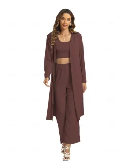 Best Women's Basic Three Piece Sets Long Sleeve Round Neck Plain Casual Daily Light Blue Caramel color Black Spring Loose Fit Women Two Piece Sets