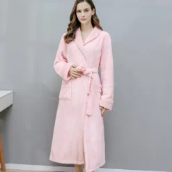 Women's Bathrobe Robes Gown Nighty 1 PCS Pure Color Warm Comfort Plush Robe Home Street Fleece Terry Warm Lapel Long Sleeve Basic Belt Included Fall Winter Home Outfits Women Pajama-Setter