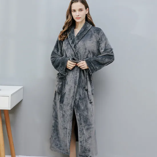 Women's Bathrobe Robes Gown Nighty 1 PCS Pure Color Warm Comfort Plush Robe Home Street Fleece Terry Warm Lapel Long Sleeve Basic Belt Included Fall Winter Home Outfits Women Pajama-Setter