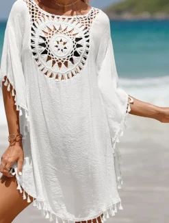 Sale Women's Beach Cover-Up White Crochet Tassel Bohemian Poncho Casual Summer One Size Fits Most Breathable Lightweight Women Cover Up