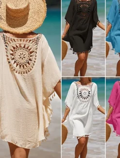 Sale Women's Beach Cover-Up White Crochet Tassel Bohemian Poncho Casual Summer One Size Fits Most Breathable Lightweight Women Cover Up