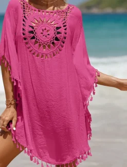 Sale Women's Beach Cover-Up White Crochet Tassel Bohemian Poncho Casual Summer One Size Fits Most Breathable Lightweight Women Cover Up