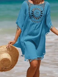 Sale Women's Beach Cover-Up White Crochet Tassel Bohemian Poncho Casual Summer One Size Fits Most Breathable Lightweight Women Cover Up