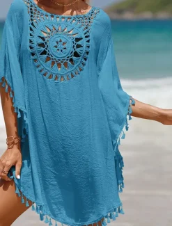 Sale Women's Beach Cover-Up White Crochet Tassel Bohemian Poncho Casual Summer One Size Fits Most Breathable Lightweight Women Cover Up