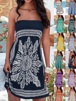 Women's Beach Dress Resort Wear Beach Wear Mini Dress Print Hot Elegant Graphic Strapless Sleeveless Standard Fit Daily Going out Multicolor Black 2023 Summer Spring S M L XL Women Sundresses