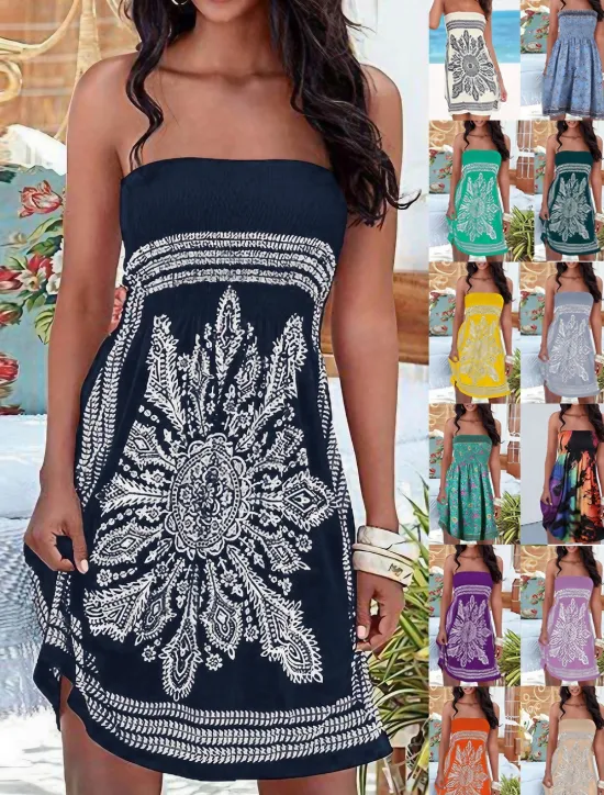 Women's Beach Dress Resort Wear Beach Wear Mini Dress Print Hot Elegant Graphic Strapless Sleeveless Standard Fit Daily Going out Multicolor Black 2023 Summer Spring S M L XL Women Sundresses