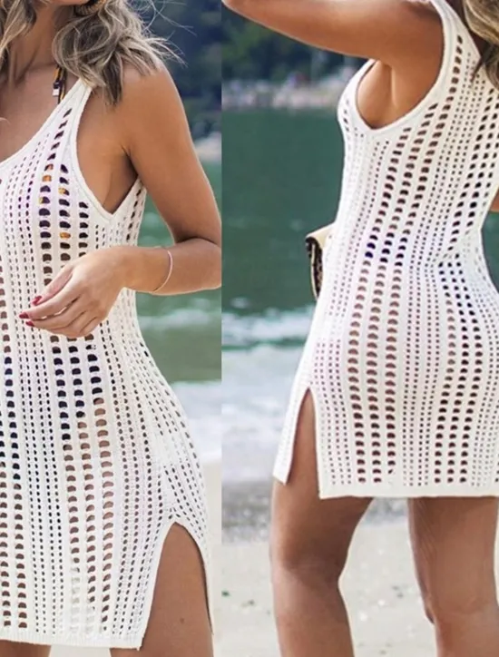 Online Women's Beach Dress Sleeveless Scoop Neck Knit Side Slit Multicolor Semi-Sheer Summer Vacation Casual Relaxed Fit White One-Size Women Cover Up