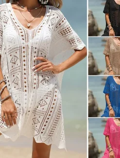 Women's Beach Dresses Cut Out Crochet Beach Wear Holiday Sleeveless Black White Blue Color Women Cover Up