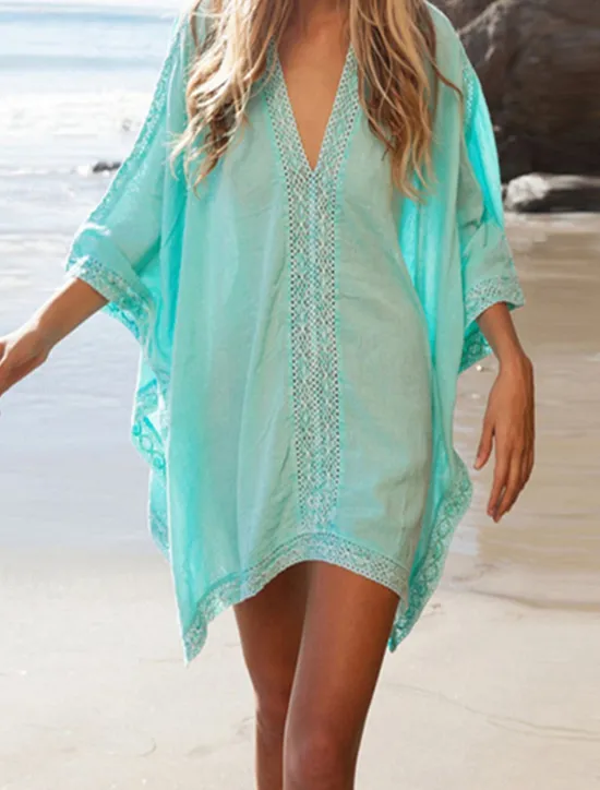 Best Women's Beach Dresses Lace Dress Beach Wear Mini Dress Slim Dolman Classic Modern Plain V Neck 3/4 Length Sleeve Loose Fit Vacation Beach White Blue Summer Spring One Size Women Cover Up|White Dresses