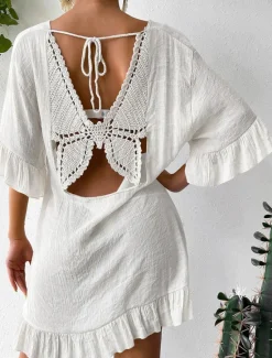 New Women's Beach Dresses Mini Dress Backless Ruffle Hem Vacation Beach Streetwear Basic V Neck 3/4 Length Sleeve Black White Color Women Cover Up|White Dresses