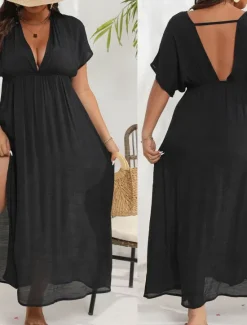 New Women's Beach Dresses Open Back Beach Wear Holiday Short Sleeves Color Women Cover Up