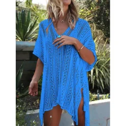 Women's Beach Dresses Oversized Crochet Party Vacation Casual Short Sleeves Lake blue Black White Color Women Cover Up|White Dresses