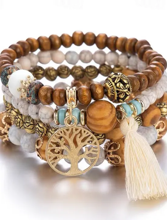 New Women's Bead Bracelet Vintage Bracelet Layered Fashion Tree of Life Flower Elegant Fashion Personalized Tassel Bohemian Alloy Bracelet Jewelry For Gift Holiday Date Beach Festival Women Trendy Jewelry