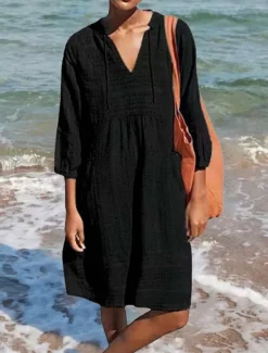 Women's Black Blue Green Summer Spring Midi Dress Cotton Linen Dresses Cotton Summer Dress Casual Vacation Daily Loose Fit Plain V Neck Women Dresses