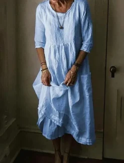 Best Women's Black Blue Green Summer Spring Midi Dress Linen-Inspired Dresses Casual Dress Cotton Linen Dress Basic Modern Daily Weekend Loose Fit Plain Crew Neck Women Dresses