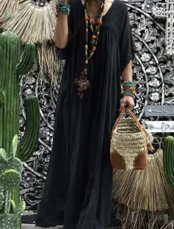 Sale Women's Black Blue khaki Summer Maxi Dress Linen-Inspired Dresses Cotton Linen Dress Fashion Daily Office Date Loose Fit V Neck Women Dresses