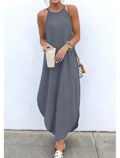 Online Women's Black Blue Orange Summer Spring Long Dress Maxi Dress Linen-Inspired Dresses Strap Dress Hot Holiday Casual vacation dresses Regular Fit Pure Color Crew Neck Women Dresses