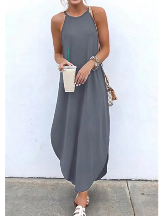 Online Women's Black Blue Orange Summer Spring Long Dress Maxi Dress Linen-Inspired Dresses Strap Dress Hot Holiday Casual vacation dresses Regular Fit Pure Color Crew Neck Women Dresses