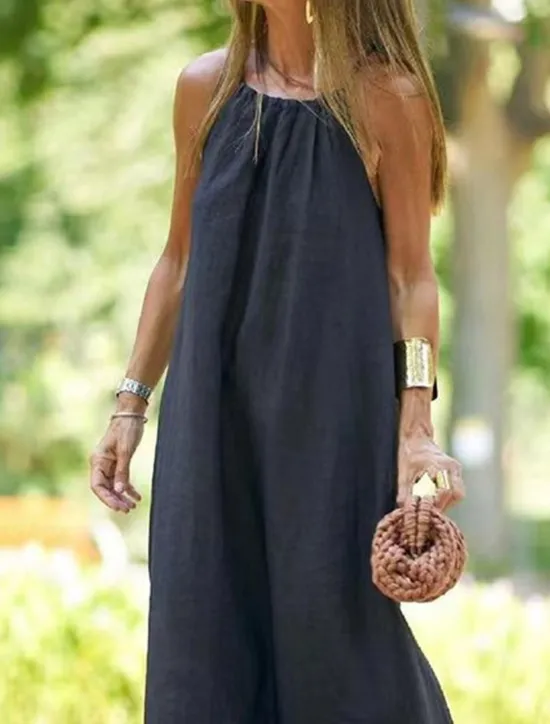 Sale Women's Black Brown Summer Spring Maxi long Dress Cotton Linen Dresses Casual Dress Strap Dress Basic Modern Daily Weekend Loose Fit Plain Spaghetti Strap Women Dresses