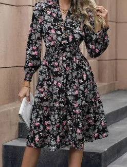 Best Women's Black Dress Casual Dress Floral Print V Neck Maxi Dress Vintage Daily Vacation Spring Fall Women Spring Dresses|Floral Dresses