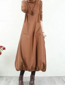 Hot Women's Black Dress Long Dress Maxi Dress Polyester Ruched Pocket Daily Date Active Fashion Turtleneck Long Sleeve Black Wine Khaki Color Women T Shirt Dresses