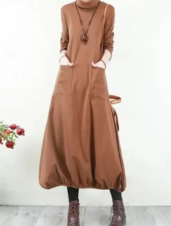 Hot Women's Black Dress Long Dress Maxi Dress Polyester Ruched Pocket Daily Date Active Fashion Turtleneck Long Sleeve Black Wine Khaki Color Women T Shirt Dresses