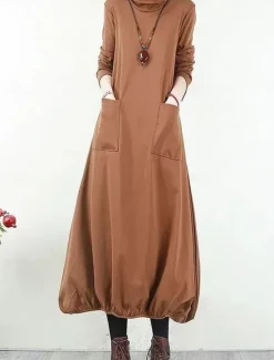 Hot Women's Black Dress Long Dress Maxi Dress Polyester Ruched Pocket Daily Date Active Fashion Turtleneck Long Sleeve Black Wine Khaki Color Women T Shirt Dresses