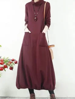 Hot Women's Black Dress Long Dress Maxi Dress Polyester Ruched Pocket Daily Date Active Fashion Turtleneck Long Sleeve Black Wine Khaki Color Women T Shirt Dresses
