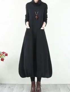 Hot Women's Black Dress Long Dress Maxi Dress Polyester Ruched Pocket Daily Date Active Fashion Turtleneck Long Sleeve Black Wine Khaki Color Women T Shirt Dresses