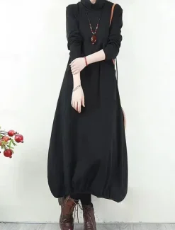 Hot Women's Black Dress Long Dress Maxi Dress Polyester Ruched Pocket Daily Date Active Fashion Turtleneck Long Sleeve Black Wine Khaki Color Women T Shirt Dresses