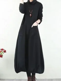 Hot Women's Black Dress Long Dress Maxi Dress Polyester Ruched Pocket Daily Date Active Fashion Turtleneck Long Sleeve Black Wine Khaki Color Women T Shirt Dresses