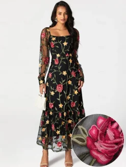 Outlet Women's Dress Maxi Dress Ruffle Embroidered Elegant Square Neck Long Sleeve Color Women Cocktail Dress