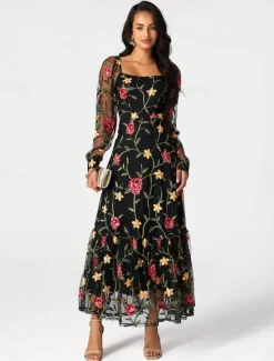 Outlet Women's Dress Maxi Dress Ruffle Embroidered Elegant Square Neck Long Sleeve Color Women Cocktail Dress