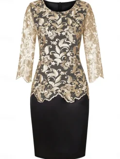 New Women's Black Dress Midi Dress Lace Patchwork Party Casual Crew Neck 3/4 Length Sleeve Gold Gray Color Women Cocktail Dress