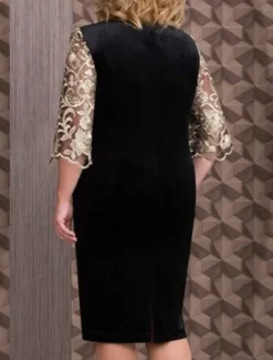 New Women's Black Dress Midi Dress Lace Patchwork Party Casual Crew Neck 3/4 Length Sleeve Gold Gray Color Women Cocktail Dress