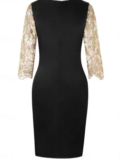 New Women's Black Dress Midi Dress Lace Patchwork Party Casual Crew Neck 3/4 Length Sleeve Gold Gray Color Women Cocktail Dress