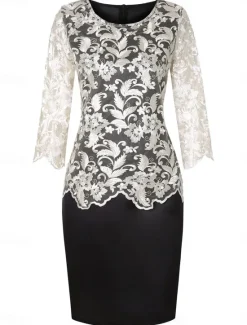 New Women's Black Dress Midi Dress Lace Patchwork Party Casual Crew Neck 3/4 Length Sleeve Gold Gray Color Women Cocktail Dress