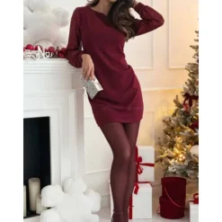 Online Women's Black Dress Mini Dress Sequins Mesh Casual Crew Neck Long Sleeve Black Wine Color Women Cocktail Dress