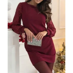 Online Women's Black Dress Mini Dress Sequins Mesh Casual Crew Neck Long Sleeve Black Wine Color Women Cocktail Dress