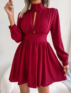 Discount Women's Black Dress Mini Dress Ruched Hollow Out Casual Stand Collar Long Sleeve Black White Wine Color Women Cocktail Dress