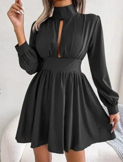 Discount Women's Black Dress Mini Dress Ruched Hollow Out Casual Stand Collar Long Sleeve Black White Wine Color Women Cocktail Dress