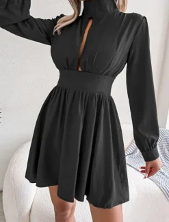 Discount Women's Black Dress Mini Dress Ruched Hollow Out Casual Stand Collar Long Sleeve Black White Wine Color Women Cocktail Dress